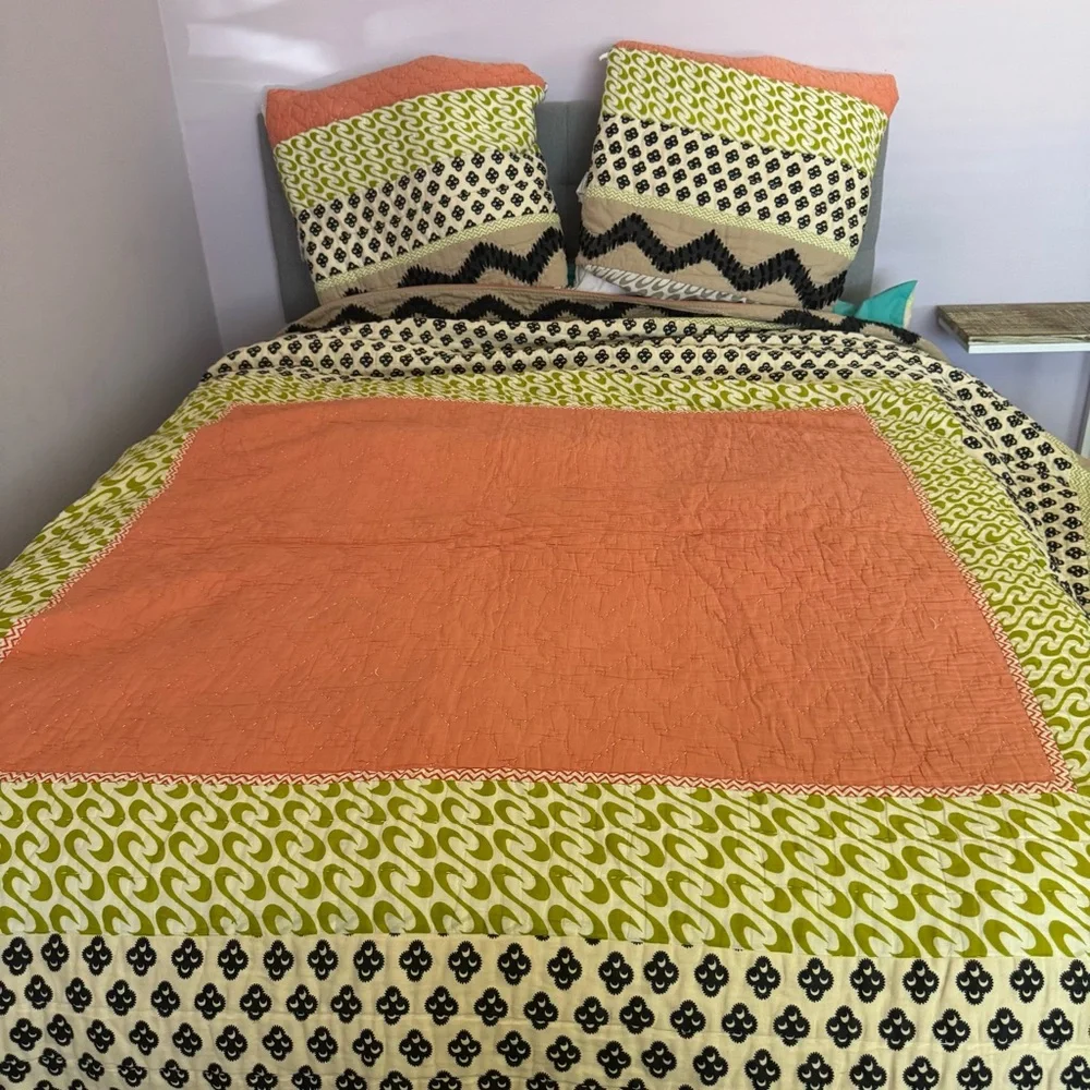 Anthropologie Quilted Cotton Bedding Set in Coral and Lime